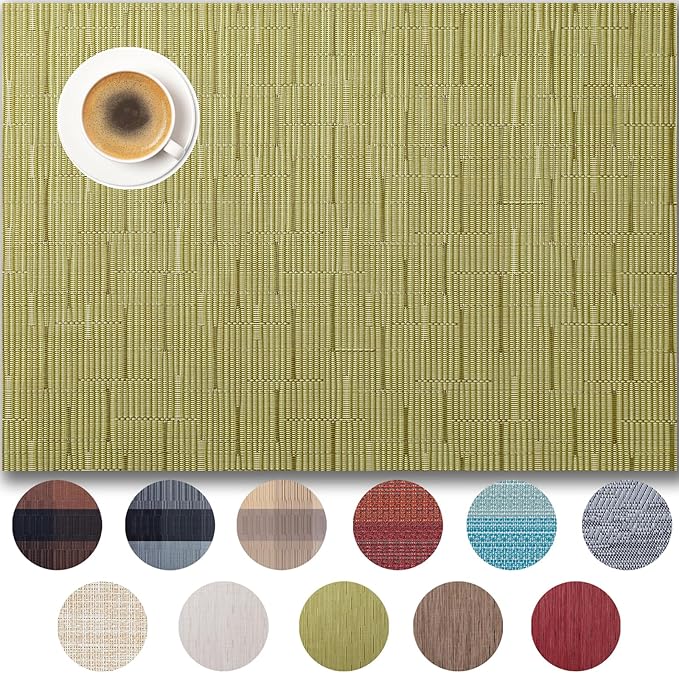 Placemats Set of 8 - Easy Clean Woven Vinyl Placemats for Dining Table, Indoor/Outdoor Place Mats, Washable PVC Table Mats （Pea Green）