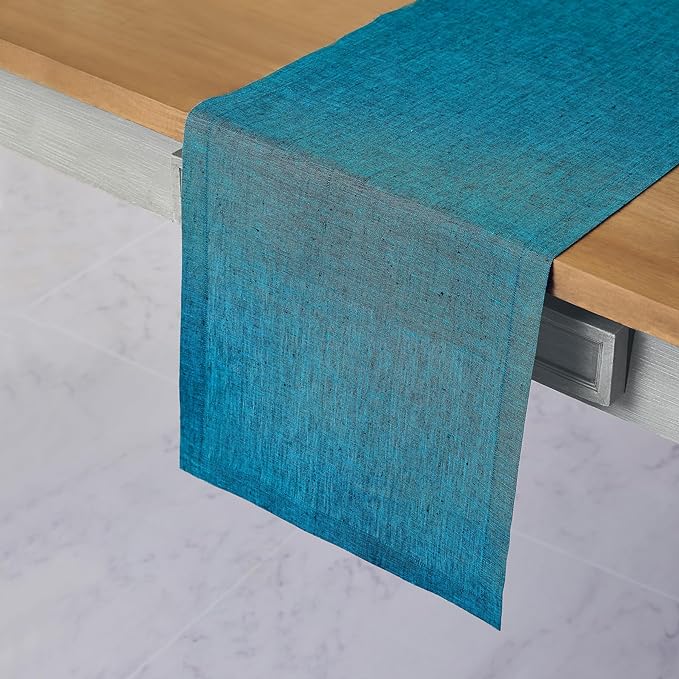 Solino Home Linen Small Table Runner 48 Inches - Athena, 100% Pure Linen Chambray Teal Table Runner 14 x 48 Inch Ideal for Dresser and Coffee Tables, Spring, Easter, St Patricks Day