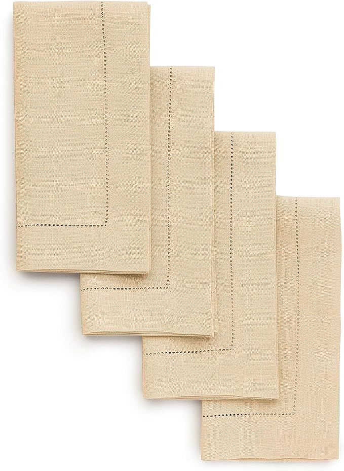 Solino Home Linen Napkins Set of 4 - Classic Hemstitch 100% Pure Linen Beige Dinner Napkins Cloth 20 x 20 Inch for Spring, Easter - Handcrafted and Machine Washable