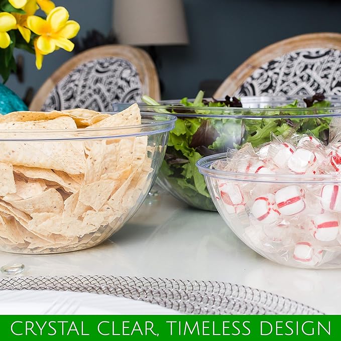 PLASTICPRO Disposable 150 Ounce Round Crystal Clear Plastic Snack & Salad Bowls - Chip Bowl, Candy Dish alternatives, Pack of 4