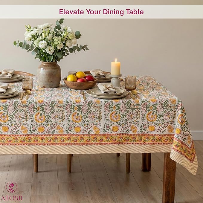 ATOSII Clover Yellow 100% Cotton Square Fall Tablecloth, Handblock Floral Print Linen Table Cloth for Kitchen Dining I Parties, Weddings, Outdoors, Christmas, Thanksgiving Fall Decor 60 X 60 Inches