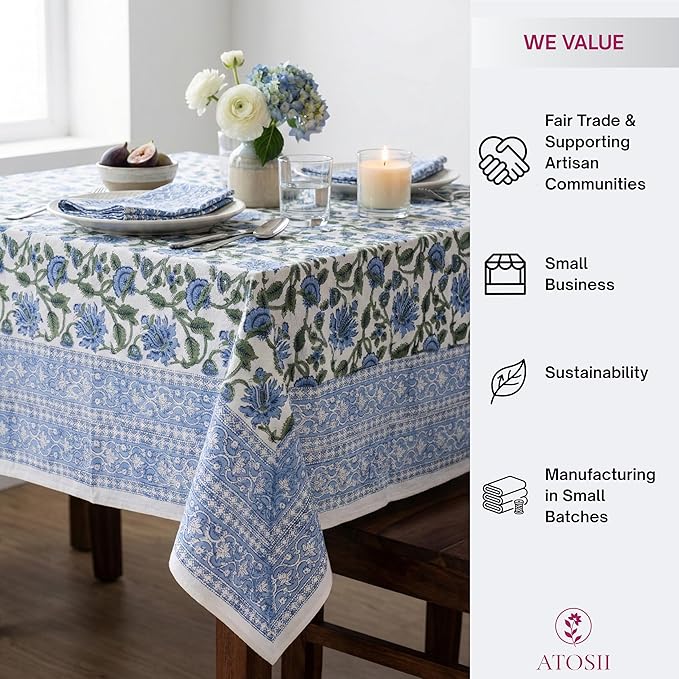 ATOSII Taj 100% Cotton Fall Tablecloth, Handblock Print Rectangle Table Cover for Kitchen Dining Linen I Parties, Thanksgiving, Christmas, Wedding, Table Cloth I 72 X 120 Inches I 10 Seater