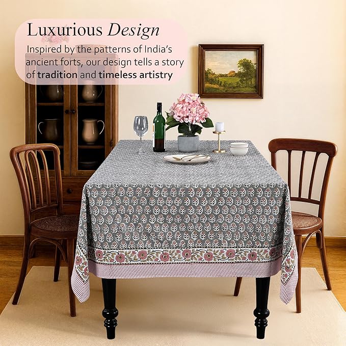 CPC Tablecloth 100% Cotton 72x190 Inch Indian Block Print Rectangle Table Cover, Gray Pink Table Cloth for Weddings, Spring/Summer, Barbeque - Labra Gray