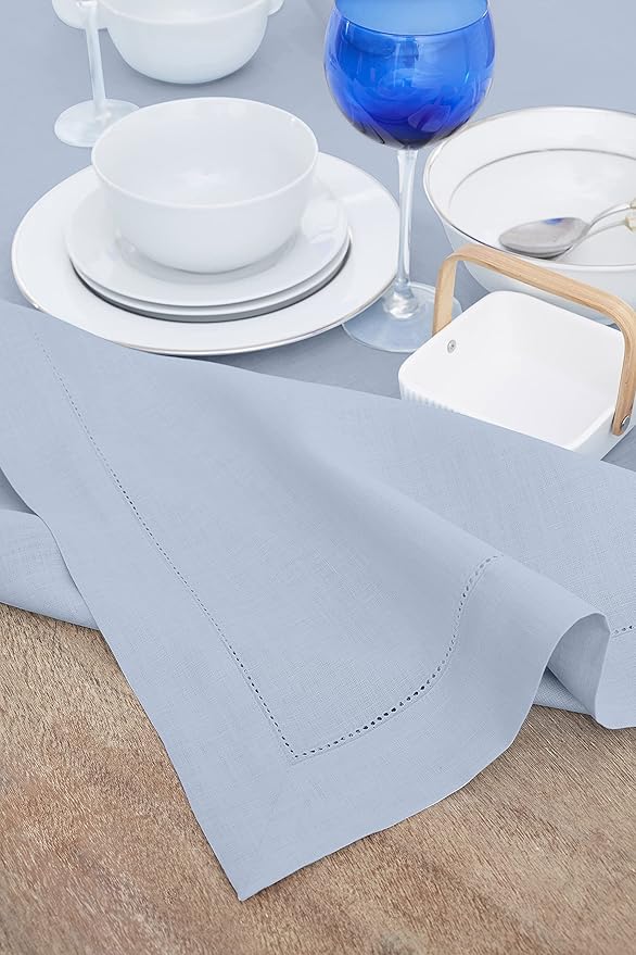 Solino Home Linen Tablecloth 60 x 90 Inch - Classic Hemstitch 100% Pure Linen Sky Blue Table Cloth for Rectangle Tables - Machine Washable Tablecloth for Spring, Easter