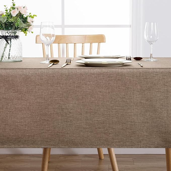 Hiasan Faux Linen Rectangle Tablecloth - Wrinkle and Stain Resistant Washable Table Cloth for Kitchen Dining Room Holiday Table Cover for Party Dinner, Khaki, 60 x 120 Inch