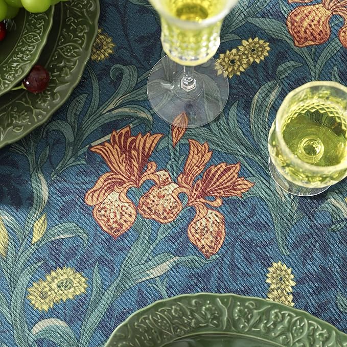 patdrea Designer Dark Blue Linen Rectangle Tablecloth,Vintage French Rustic Floral Pattern Tablecloths,Decorative Table Cover Cloth for Kitchen,Dining,Tea Party,Home,Christmas,55"*87"