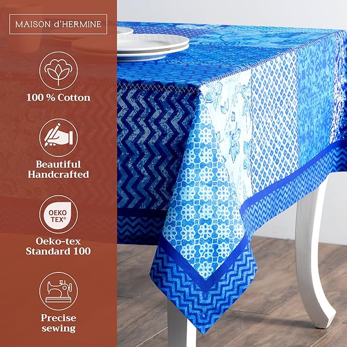 Maison d' Hermine Table Cloth Rectangle Table 100% Cotton 60 x 120 Inches Tablecloth Reusable Decorative for Dining Room Farmhouse Home Valentines Day Decorations Spring Summer - Indigo Love