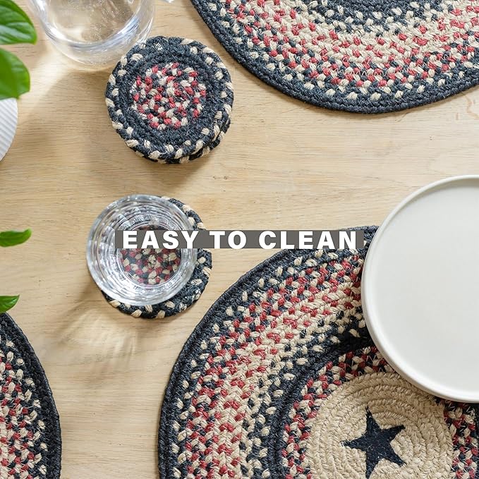 Homespice Primitive Star Gloucester Jute Braided Trivets for Table - Set of 3, Round 8", Black & Red - Rich Colors, Easy to Clean, Durable and Protects Furniture