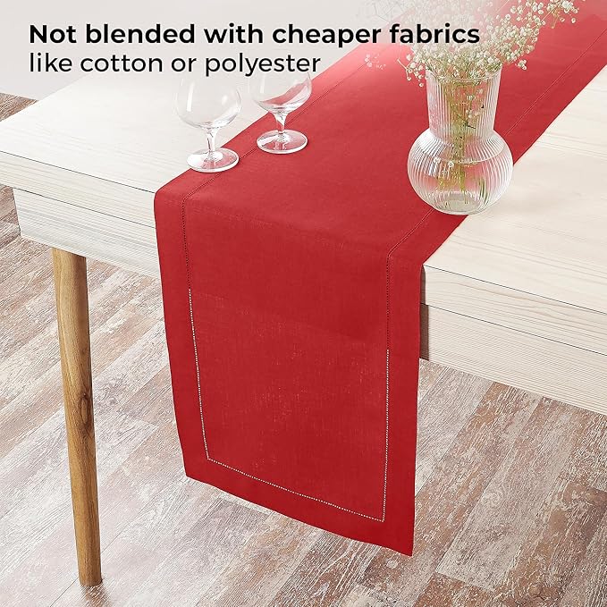 D'Moksha Homes Linen Bright Red Table Runner 120 Inches Long - 100% Pure Linen Hemstitch 14 x 120 Inch Table Runner for Dining, Valentines, Spring, Easter - Classic Hemstitch