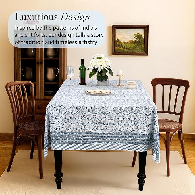 CPC Indigo Regal Tablecloth 100% Cotton 72x160 Inch Indian Block Print Rectangle Table Cover, Table Cloth for Gifting in Weddings, Halloween, Fall, Christmas, Thanksgiving