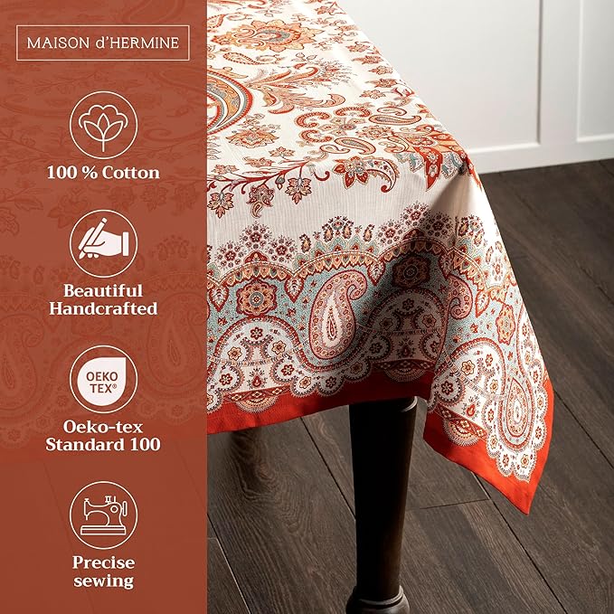 Maison d' Hermine Table Cloth Rectangle Table 100% Cotton 60 x 108 Inches Fall Tablecloth Reusable Everyday Use for Thanksgiving Christmas Decorations Dining Farmhouse Party (Cachemire)