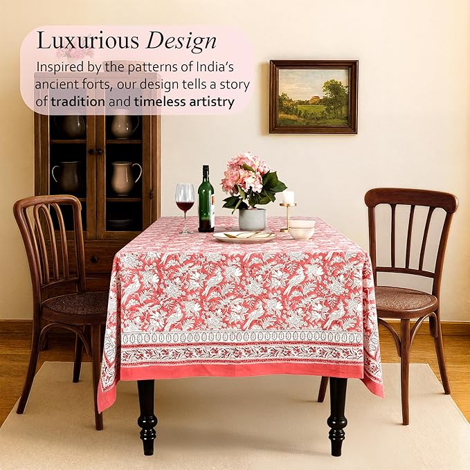 CPC Tablecloth 100% Cotton 70x108 Inch Indian Block Print Rectangle Table Cover, Pink Table Cloth for Weddings, Thanksgiving and Christmas - Pink Coral