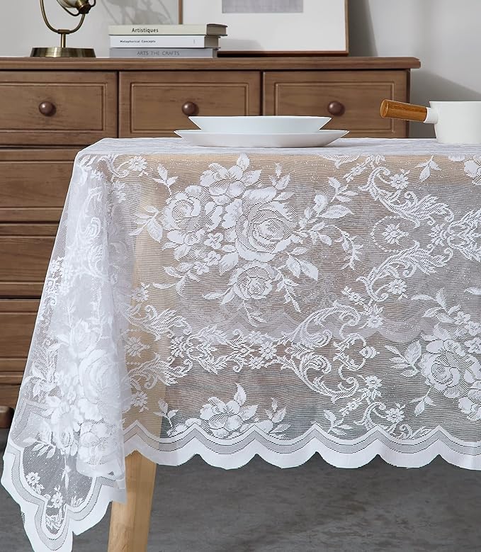 Warm Home Designs 54 x 72 Lace Tablecloth - White Rectangular Tablecloth with English Rose Design - Rustic Dining Table Cover for 6-8 Guests - LTC White 72