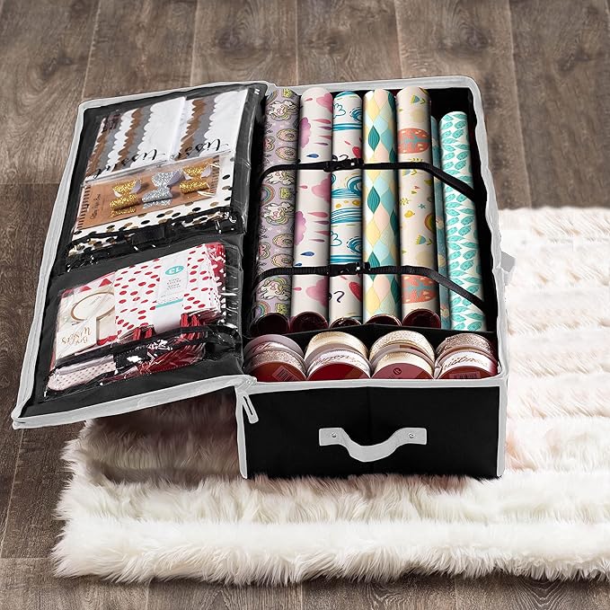 ZOBER Gift Wrapping Paper Organizer Storage - 40" Gift Wrap Storage Containers with Interior Pockets for Bows, Tags & Ribbons - Wrapping Paper Holder, 600D Oxford, Fits 24 Standard Rolls, Black/White
