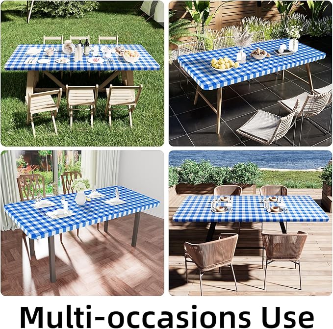 Smiry Rectangle Picnic Table Cloth, Elastic Waterproof Fitted Vinyl Tablecloths, Flannel Backed Buffalo Plaid Table Covers for Dining, Camping, Outdoor (White and Blue, 36" x 60")