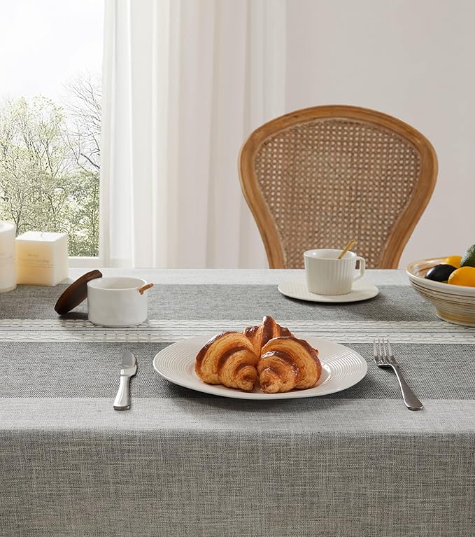 ZeeMart Contrast Linen Table Cloth Square Table Cloths 60x60 Inch Mid-Stripe Grey, Farmhouse Style Heavy Weight Grey Tablecloth, Water Resistant Burlap Tablecloths
