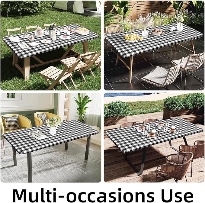 Smiry Rectangle Picnic Table Cloth, Elastic Waterproof Fitted Vinyl Tablecloths, Flannel Backed Buffalo Plaid Table Covers for Dining, Camping, Outdoor (Black and White, 36" x 72")