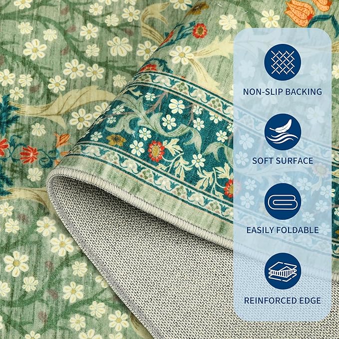 GarveeHome 8x10 Area Rugs, Washable Rugs for Living Room Non Slip Stain Resistant Ultra Soft Floral Rug, Boho Carpet Floor Mat for Bedroom Dining Room Nursery Playroom Office, Sage Green
