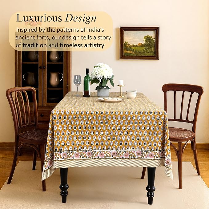 CPC Tablecloth 100% Cotton 72x140 Inch Indian Block Print Rectangle Table Cover, Yellow Table Cloth for Weddings, Spring/Summer, Barbeque - Yellow Citrine