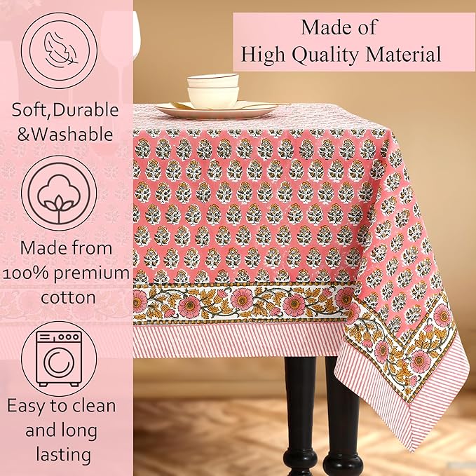 Cotton Print Club-100% Pure Cotton Tablecloth Table Cover - Indian Hand Block Printed Rectangle - for Wedding, Mothers Day Poppy Pink 160" x 72" (Rectangular)