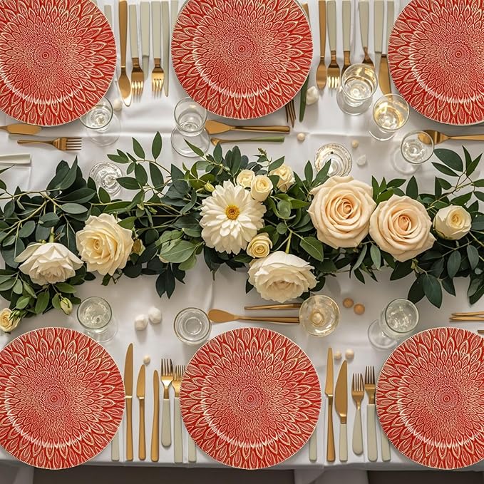 Red Charger Plates, 13 Inch Set of 6 Plastic Peacock Chargers for Dinner Plates,Table Settings, Easter, Thanksgiving, Christmas Party, Family Gathering.