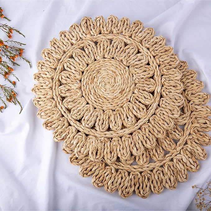 13.8" Corn Husk Woven Round Placemats Set of 8 - Wicker Boho Farmhouse Placemats - Rattan Table Mats Like Water Hyacinth for Dining Table, Wedding, Home