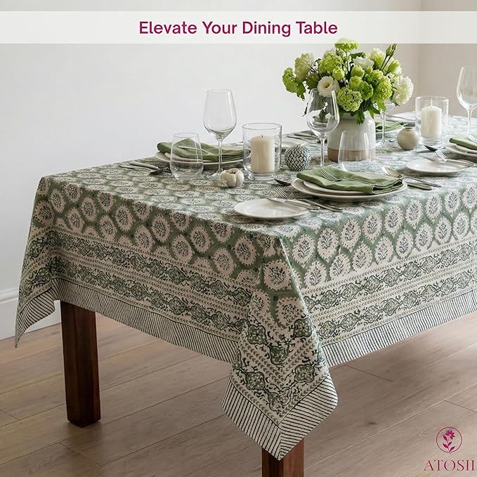 ATOSII Kari Green 100% Cotton Rectangle Boho Fall Tablecloth, Handblock Floral Table Cloth Linen for Kitchen Dining I Parties Wedding Outdoors Christmas Thanksgiving I 72 X 120 Inches I 10 Seater