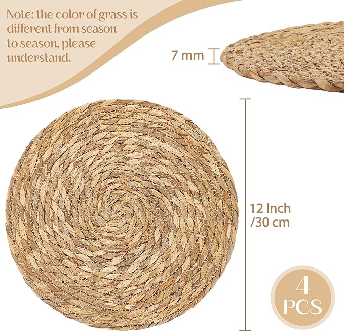 Aneco 4 Pack 12-Inch Round Woven Placemats Natural Hand-Woven Boho Rattan Wicker Bulrush Placemat Farmhouse Rustic Braided Table Mats for Dining & Kitchen Decor