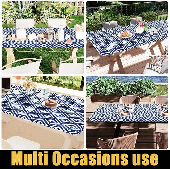 Smiry Rectangle Table Cloth Cover, Waterproof Elastic Fitted Picnic Tablecloth for 8 Foot Tables, Wipeable Flannel Backed Vinyl Tablecloths for Camping, Dining, Outdoor (Navy, 30" x 96")