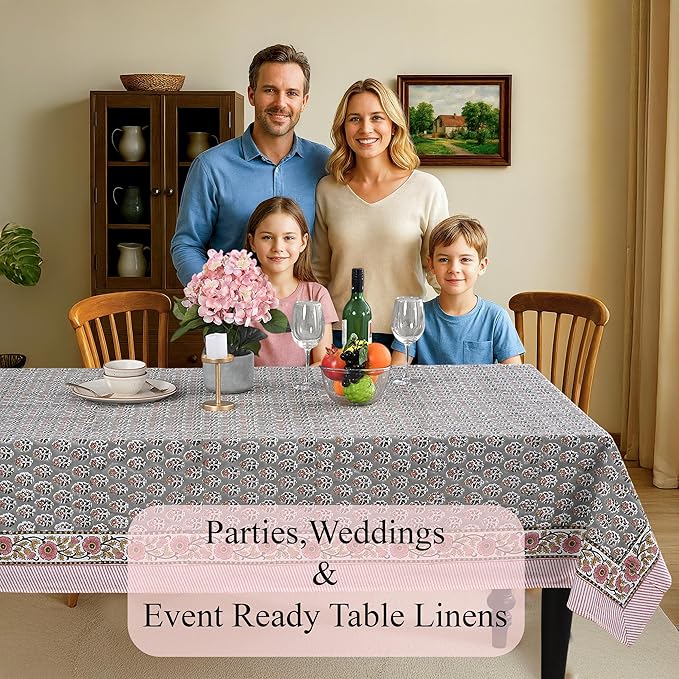 CPC Tablecloth 100% Cotton 70x118 Inch Indian Block Print Rectangle Table Cover, Table Cloth for Weddings, Spring/Summer, Barbeque - Labra Gray