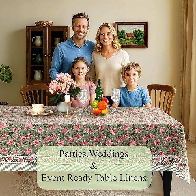 CPC Tablecloth 100% Cotton 60x60 Inch Indian Block Print Square Table Cover, Table Cloth for Weddings, Spring/Summer, Barbeque - Pink Tourmaline