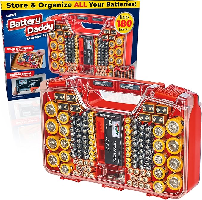 Ontel Battery Daddy Storage & Organizer Case with Tester, Stores & Protects Up to 180 Batteries, Double-Sided, Durable Design with Clear Locking Lid, Secure Latches & Portable Carrying Handle - Red