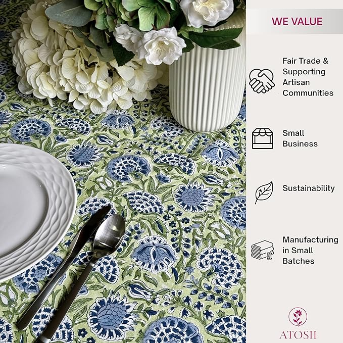 ATOSII Amara Green 100% Cotton Rectangle Fall Tablecloth, Handblock Floral Print Linen Table Cloth for Kitchen Dining I Parties, Weddings, Outdoors, Easter I Home Decor 60 X 90 Inches I 6 Seater