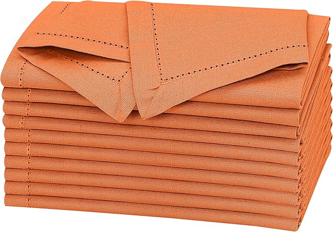 Ruvanti Premium Linen Napkins Set of 6-20x20 Inch, Classic Hemstitch, Mitered Corner Cloth Napkins ‎- Soft, Elegant Dinner Napkins Cloth Washable for Weddings, Parties, Everyday Use - Fall/Orange
