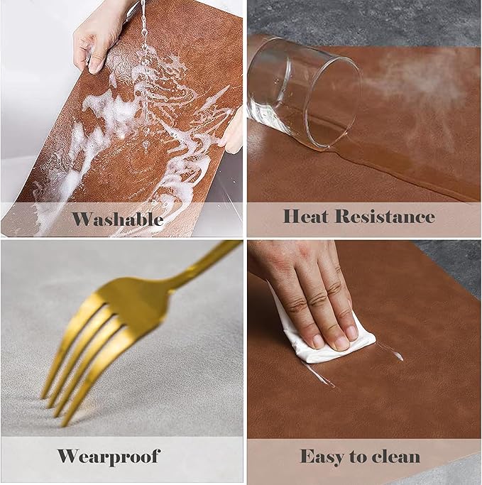 Cowhide Pattern PU Leather Placemats Set of 6 Heat Resistant Kitchen Table Mats, Non-Slip Dining Table Decorations, Double-Sides Waterproof Wipeable Place mats(Grey)