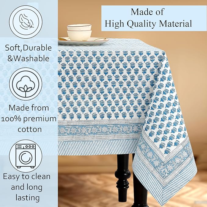 CPC Tablecloth 100% Cotton 70x118 Inch Indian Block Print Rectangle Table Cover, Table Cloth for Weddings, Spring/Summer, Barbeque - Apatite Blue