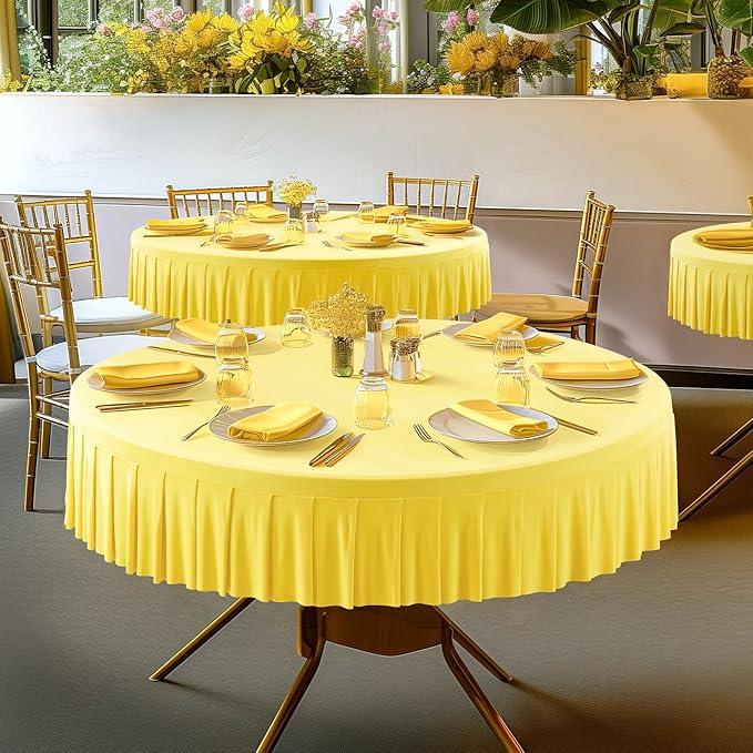 8 Pack Yellow Spandex Round Tablecloths for 60 inch Table, Stretchy Fitted 5FT Round Table Cloths with Skirt for Wedding Party Dining Banquet