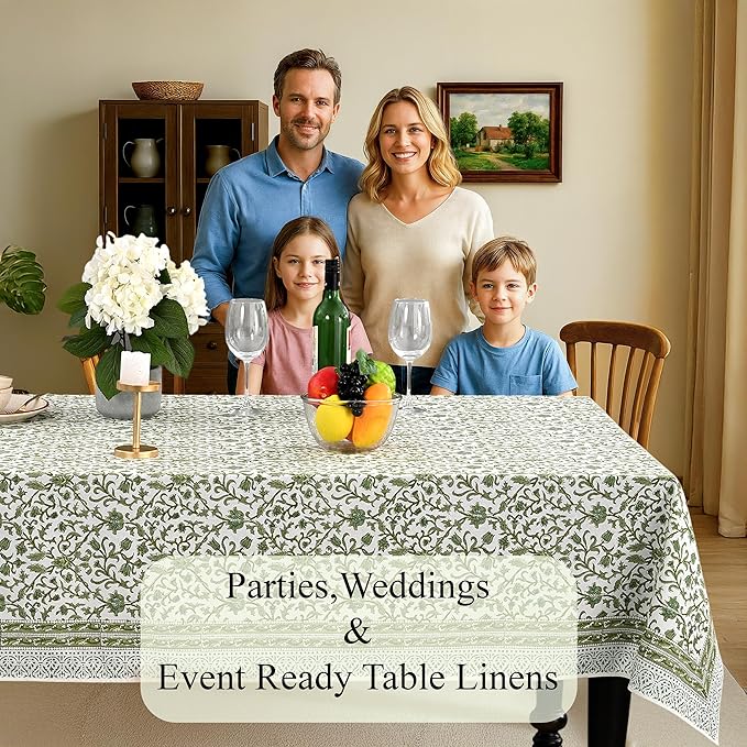 CPC Meadow Vine Tablecloth 100% Cotton 70x108 Inch Indian Block Print Rectangle Table Cover, Table Cloth for Gifting in Weddings, Halloween, Fall, Christmas, Thanksgiving