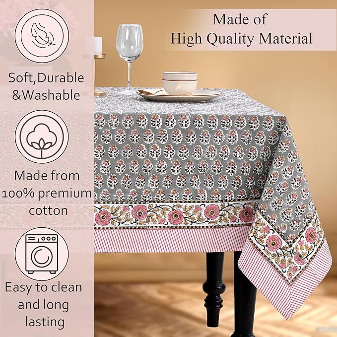 CPC Tablecloth 100% Cotton 72x190 Inch Indian Block Print Rectangle Table Cover, Gray Pink Table Cloth for Weddings, Spring/Summer, Barbeque - Labra Gray