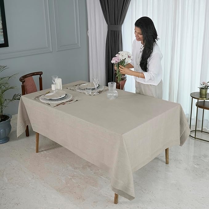 D'Moksha Homes Natural Linen Tablecloth 60 x 120 Inch - 100% Pure Linen Hemstitch Tablecloth for Rectangle Tables - Classic Hemstitch, Machine Washable Table Cloth for Valentines, Spring, Easter