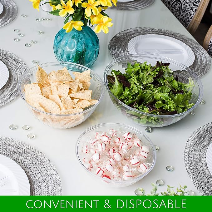 PLASTICPRO Disposable 96 Ounce Round Crystal Clear Plastic Serving Bowls, Party Snack or Salad Bowl, Chip Bowls, Snack Bowls, Candy Dish, Salad Container Pack of 8
