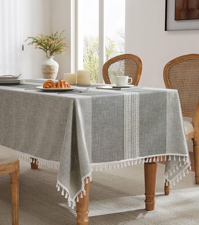 ZeeMart Contrast Linen Table Cloth Rectangle Table Cloths 60x84 Inch Mid-Stripe Grey, Farmhouse Style Heavy Weight Grey Tablecloth, Water Resistant Burlap Tablecloths