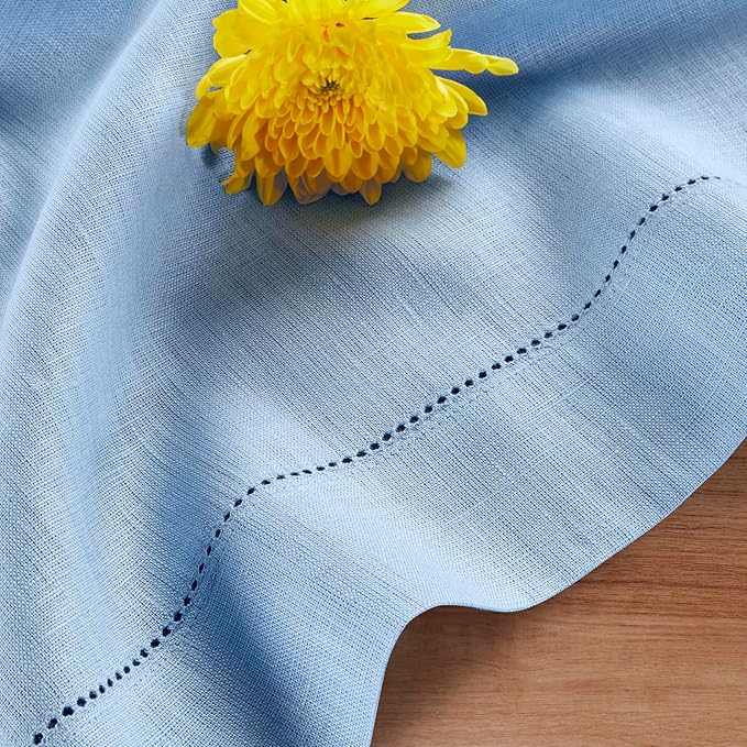 Solino Home Linen Cornflower Blue Tablecloth 52 x 52 Inch - 100% Pure Linen Square Table Throw - Classic Hemstitch, Machine Washable Table Cloth for Spring, Easter