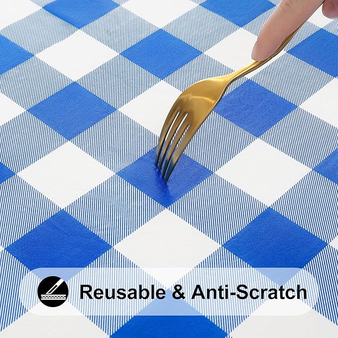 Smiry Rectangle Picnic Table Cloth, Elastic Waterproof Fitted Vinyl Tablecloths, Flannel Backed Buffalo Plaid Table Covers for Dining, Camping, Outdoor (White and Blue, 36" x 96")