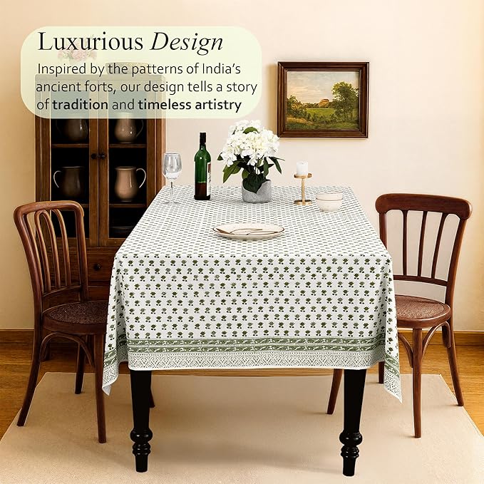 CPC Lotus Meadow Tablecloth 100% Cotton 70x118 Inch Indian Block Print Rectangle Table Cover, Table Cloth for Gifting in Weddings, Halloween, Fall, Christmas, Thanksgiving