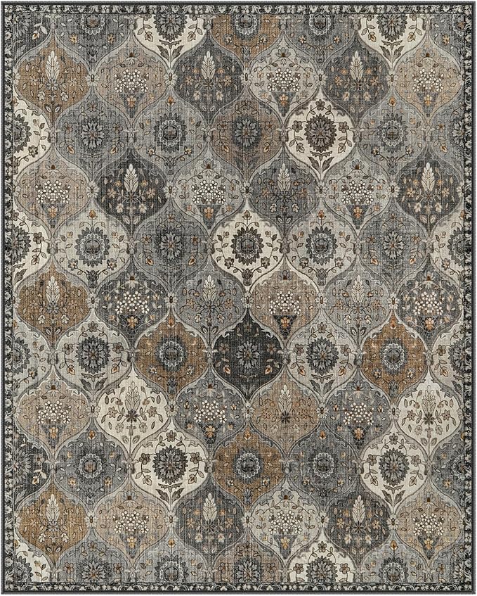 Lahome Moroccan 8x10 Area Rugs for Living Room, Washable Rugs 8x10 Ultra-Thin Oriental Non-Slip Non Shedding Accent Carpet for Bedroom Dining Room Office Nursery, Grey