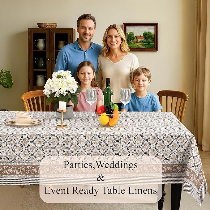 CPC Sandstone Regal Tablecloth 100% Cotton 70x118 Inch Indian Block Print Rectangle Table Cover, Table Cloth for Gifting in Weddings, Halloween, Fall, Christmas, Thanksgiving