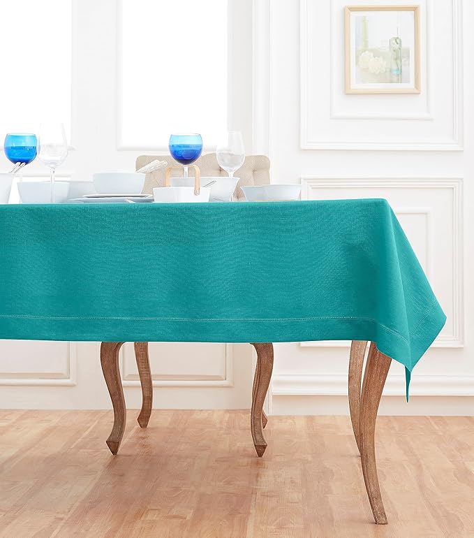 Solino Home Linen Teal Tablecloth 60 x 120 Inch - Classic Hemstitch, 100% Pure Linen Rectangular Tablecloth - Machine Washable Table Cloth