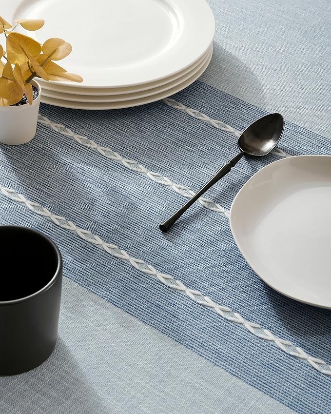 ZeeMart Contrast Linen Table Cloth Rectangle Table Cloths 60x104 Inch Blue, Farmhouse Style Heavy Weight Blue Tablecloth, Water Resistant Burlap Tablecloths