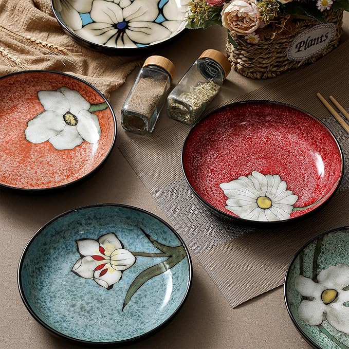 Maxdot Ceramic Dinner Plates Set of 6, 8.5 Inch Underglaze Painting Salad Plates, Glazing Process Floral Ceramic Gift Dishes for Steak Salad Pasta Appetizer, Microwave, Oven and Dishwasher Safe